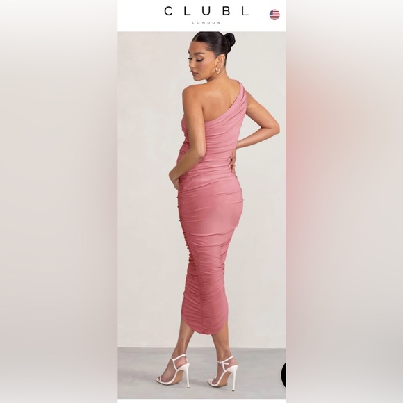 Club L London BLUSH PINK MATERNITY RUCHED ONE SHOULDER MIDI DRESS NWT - Picture 3 of 3